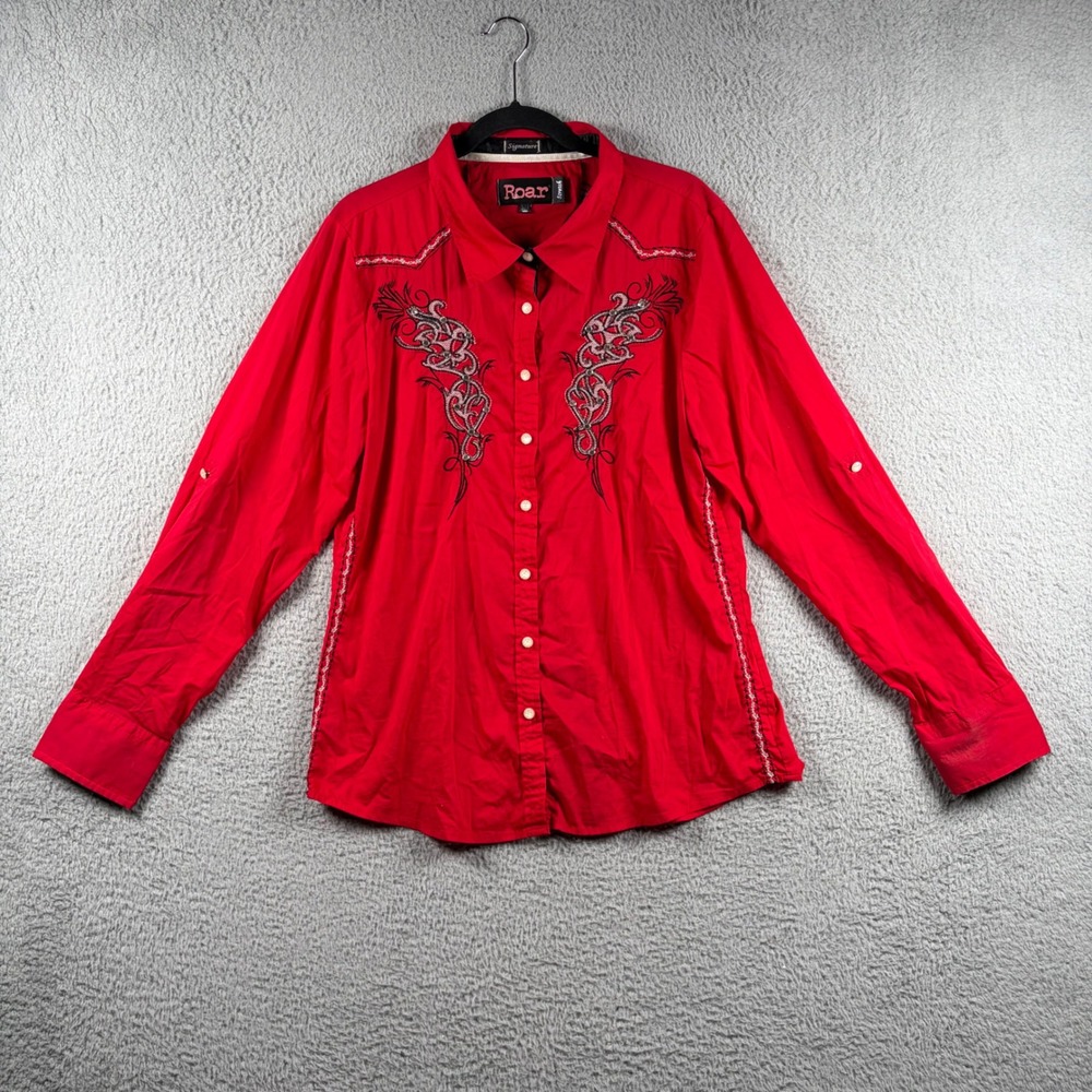 Roar Signature Fire and Blaze Red Westernwear Embroidered Rhinestone Shirt XXL
